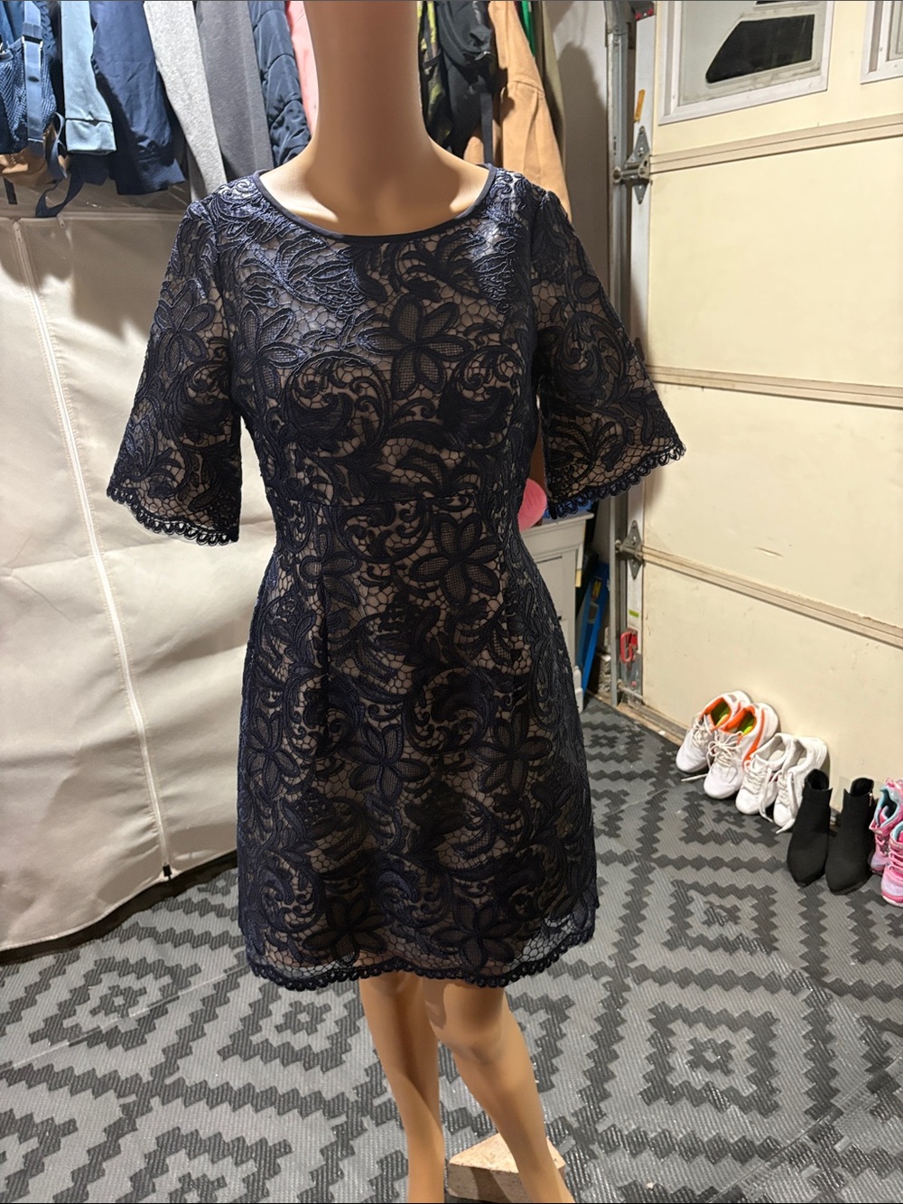 Eliza J Navy Floral Lace Short Sleeve A-Line Dress